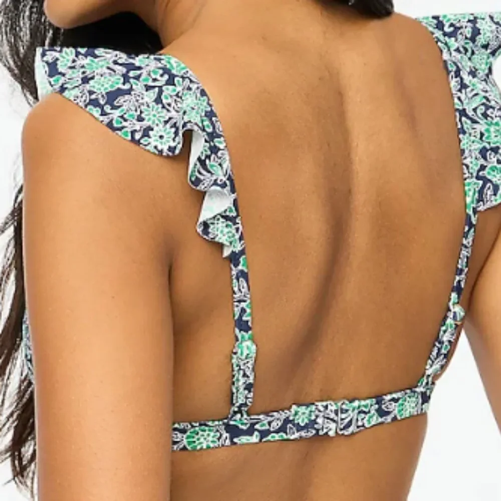 J Crew Women's Ruffle-Shoulder Vneck Bikini Top Printed Floral
